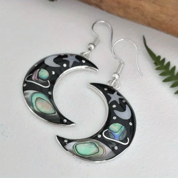 Retro Universe Starry Sky Crescent Hook Earrings Zinc Alloy Silver Plated Trendy - Picture 9 of 9